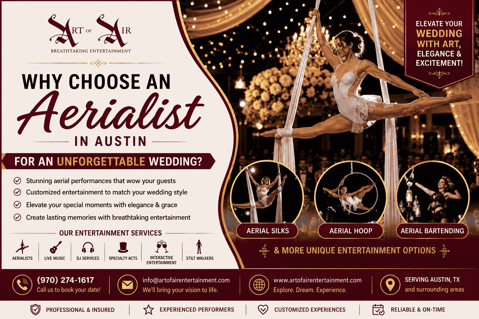 Aerialist in Austin performing an elegant routine at a wedding celebration.